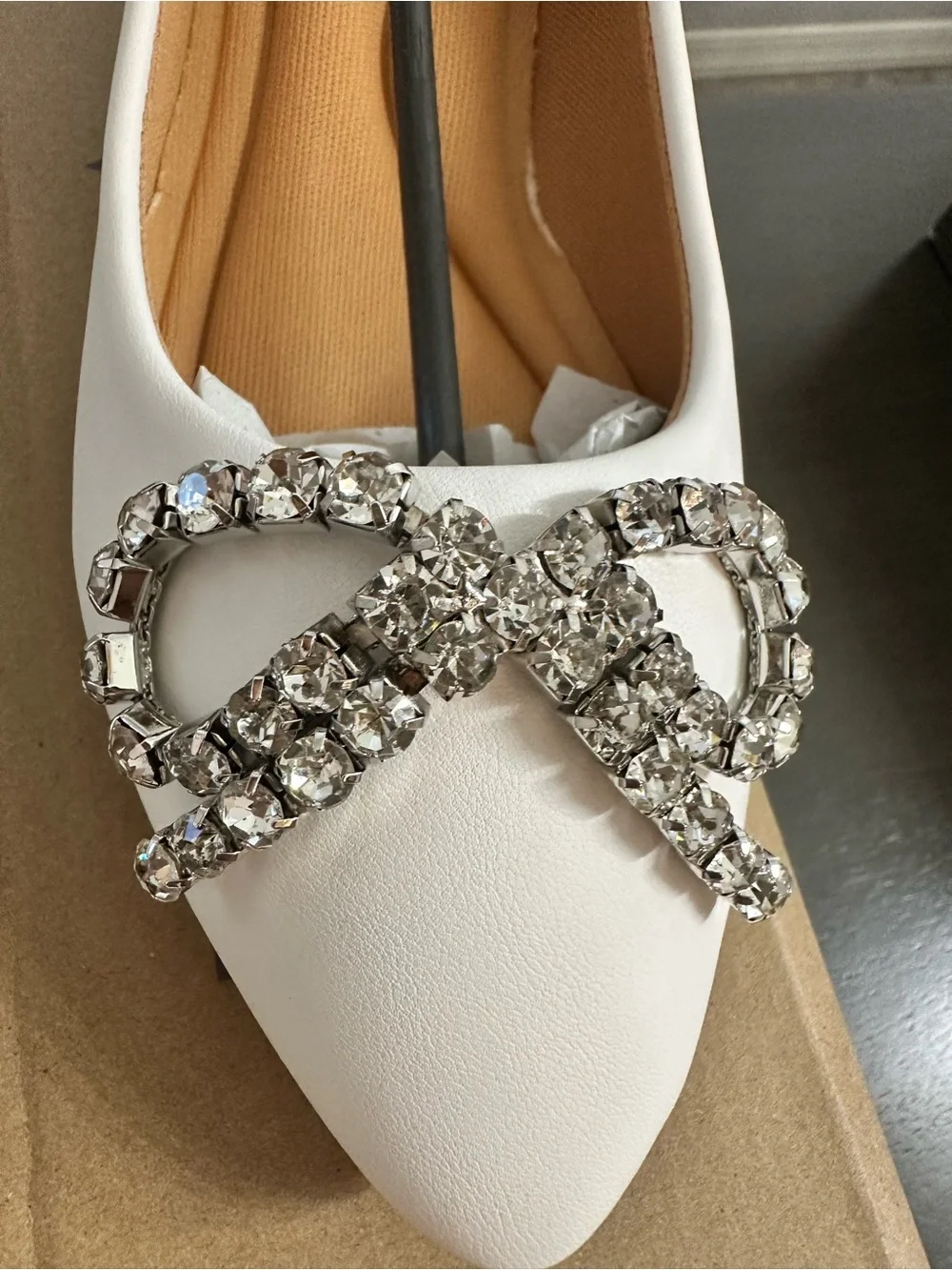 TOP Moda White Pointed Toe Flats with Crystal Bow Accents